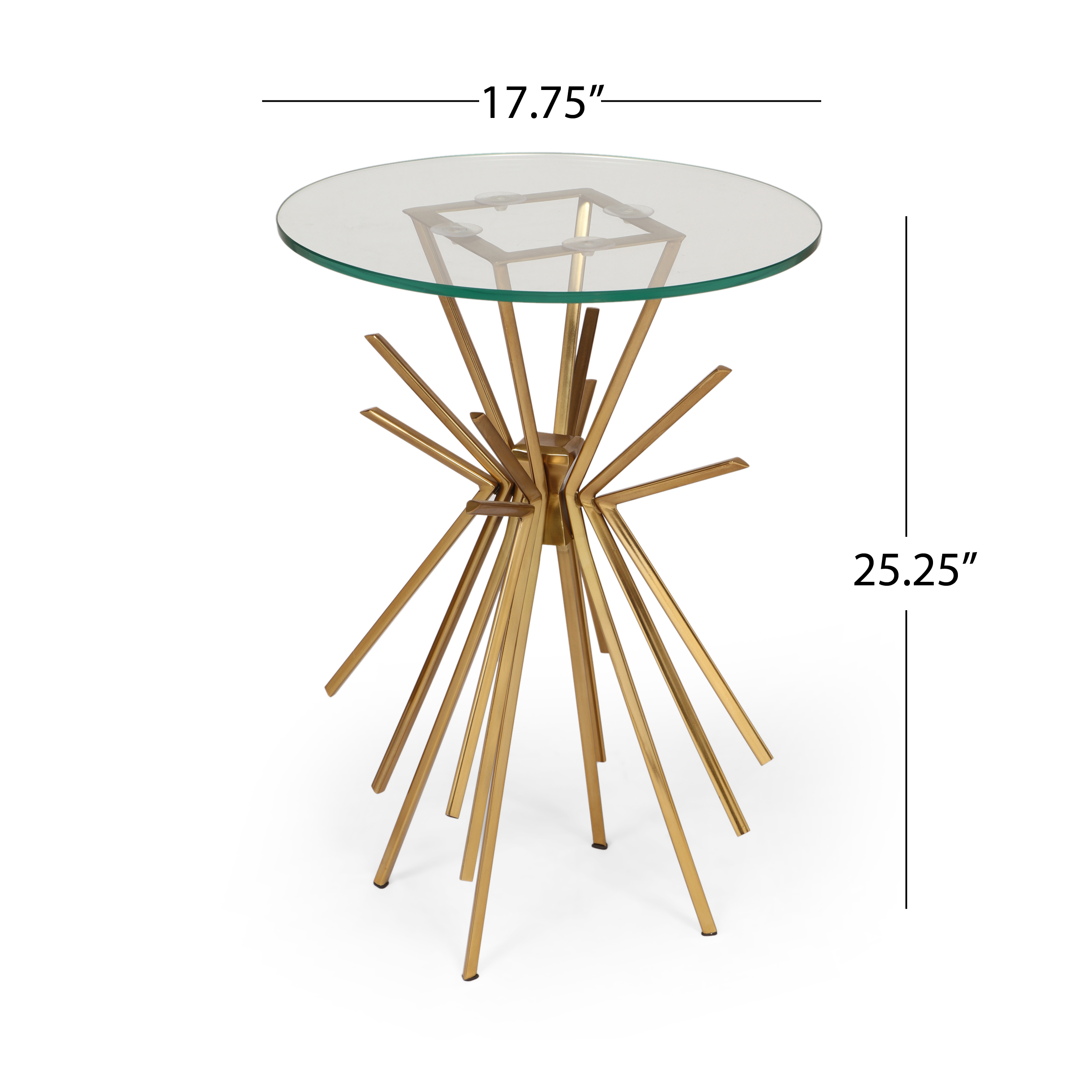 Noble House Aarav Modern Glam Handcrafted Sunburst Accent Table with Tempered Glass Top, Gold