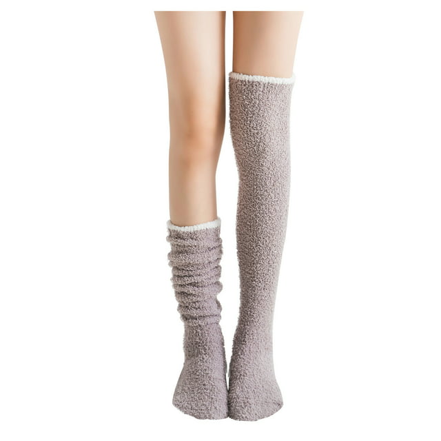 Womens Socks Solid Fuzzy Socks Winter Warm Over Knee High Socks Home ...