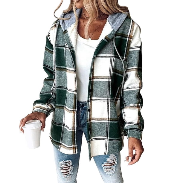 Camisas A Cuadros para Mujer, Chaqueta de Larga con Botones y Forro , Sudadera con Capucha, Blusa Informal de Moda. Verde XL