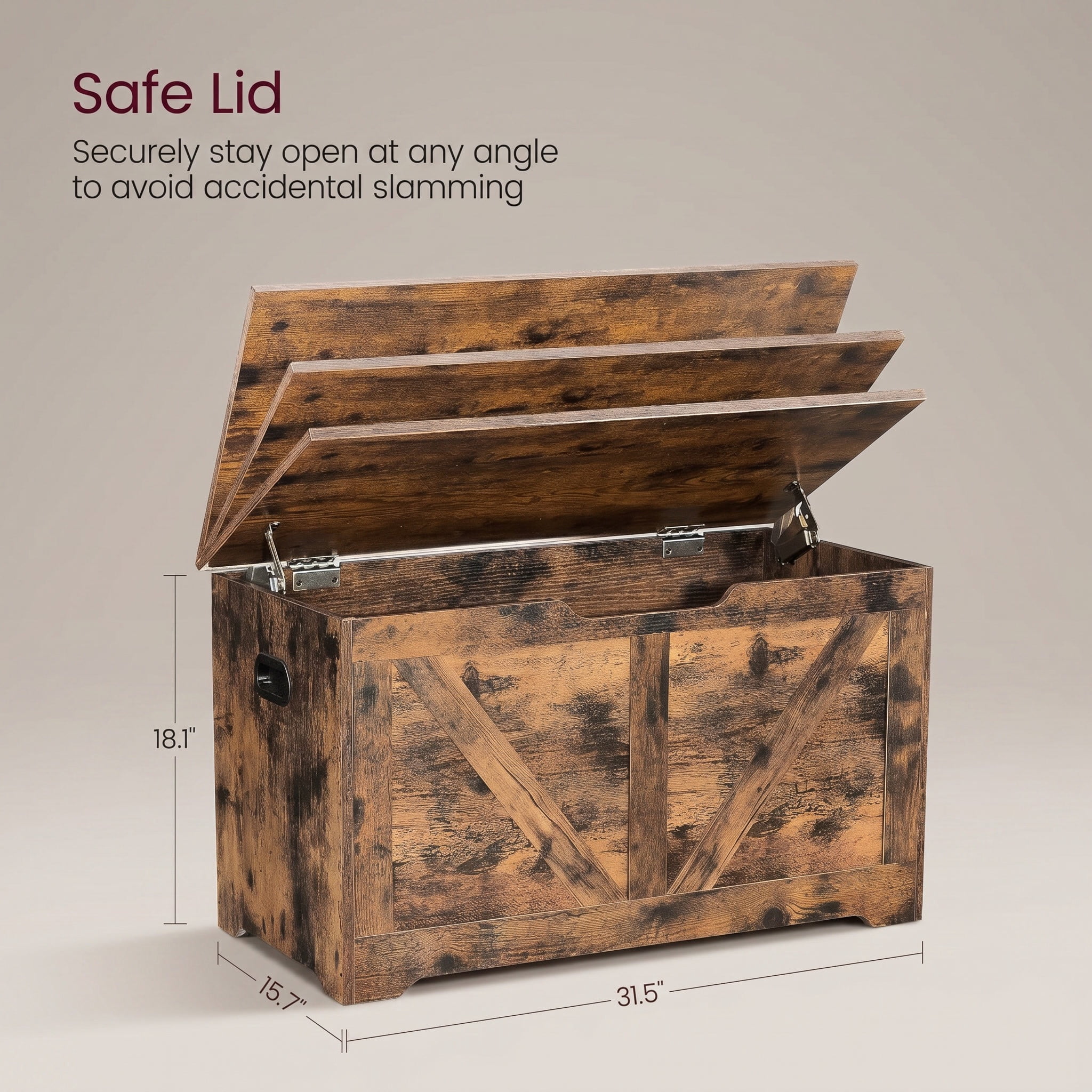 Nordic Hygge Rustic Brown Farmhouse Storage Chest with 2 Safety Hinges