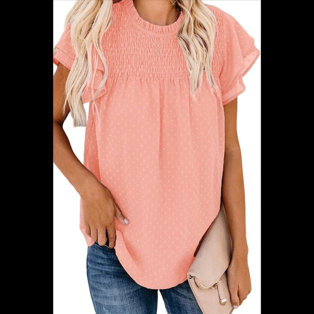 Blusa Informal de Corta con Cuello Redondo, Encaje, Crochet y Pompones para Mujer, Color Rosa, Talla XXL