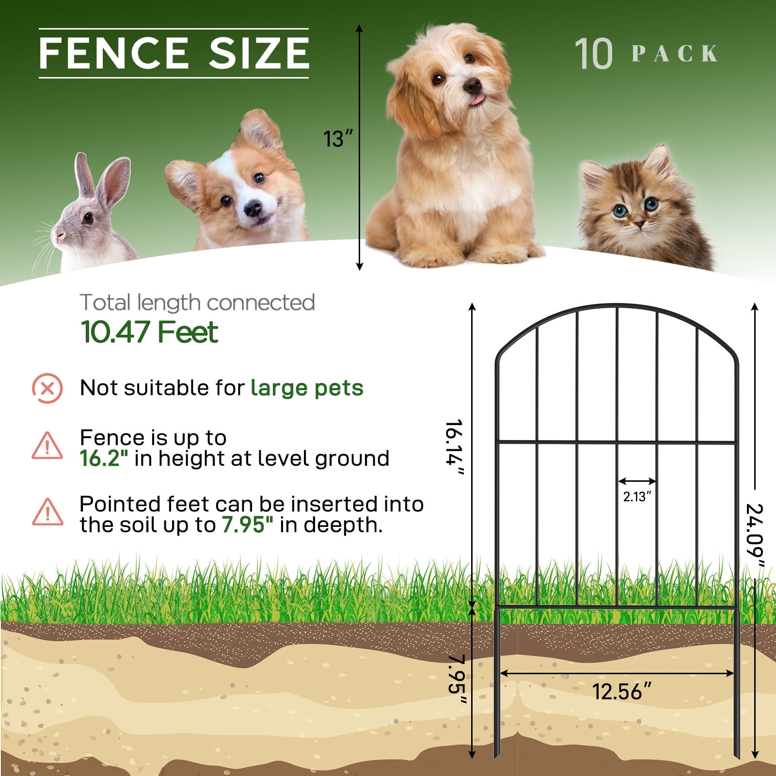 SUNALLY Metal Garden Fences and Borders, Total 10ft(L) x 24in(H) Rustproof Fencing Animal Barrier, 10 Piece Decorative Fence Panels for Yard, Lawn and Patio