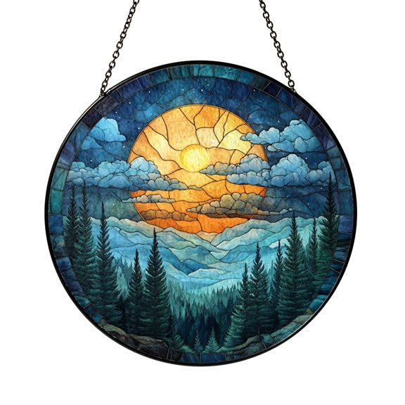 Stained Glass Full Moon Forest Window Art Night Landscape Scene Decorative Glass Suncatcher for Home Interior Window Accent