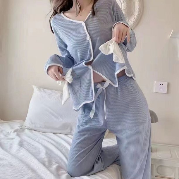Conjunto de ropa de dormir de algodón para mujer, pijama de manga larga y pantalones, cárdigan, estilo informal, se puede usar al aire libre, Primavera