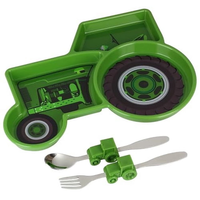 Green Tractor Engaging ' Dinnerware Set: Durable, Divided Plate, Fun Fork and Spoon, Ideal for Picky Eaters, Educational Mealtime, Easy Cleaning, Gift for Toddlers Tractor Tractor