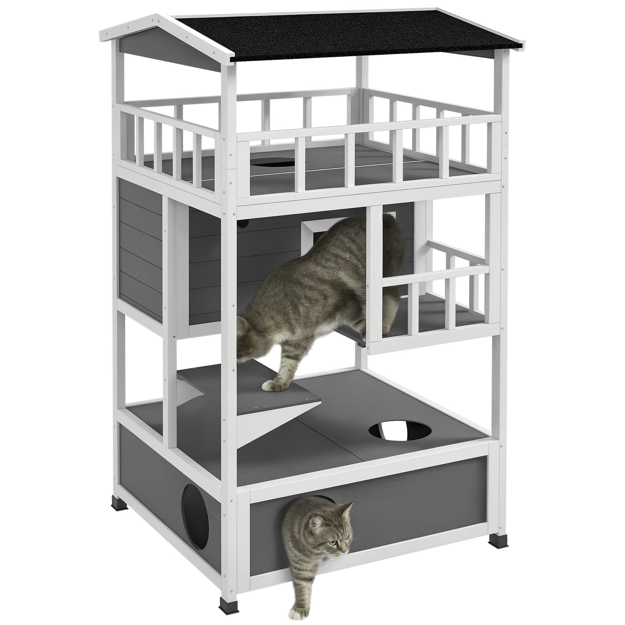 PawHut Wooden Outdoor Cat House, Feral Cat Shelter Kitten Tree with Asphalt Roof, Escape Doors, Condo, Jumping Platform, Light Gray