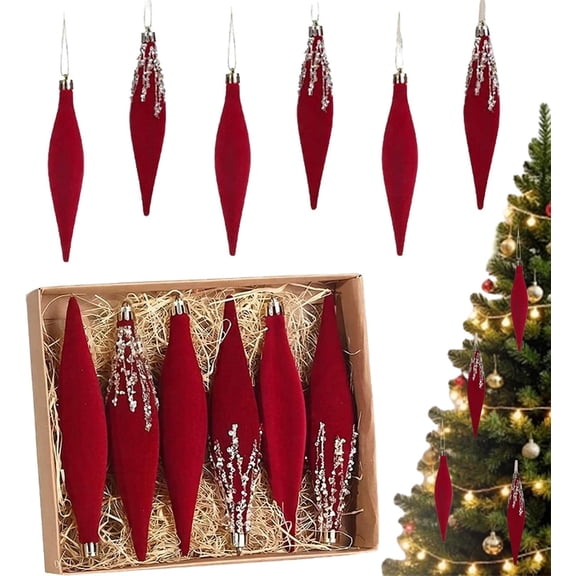 6Pcs Velvet Christmas Ball Ornaments Finial Christmas Ornaments, Flocked Shatterproof Christmas Ornaments Hanging Xmas Tree Decorations Set for Home Party Holiday Decor