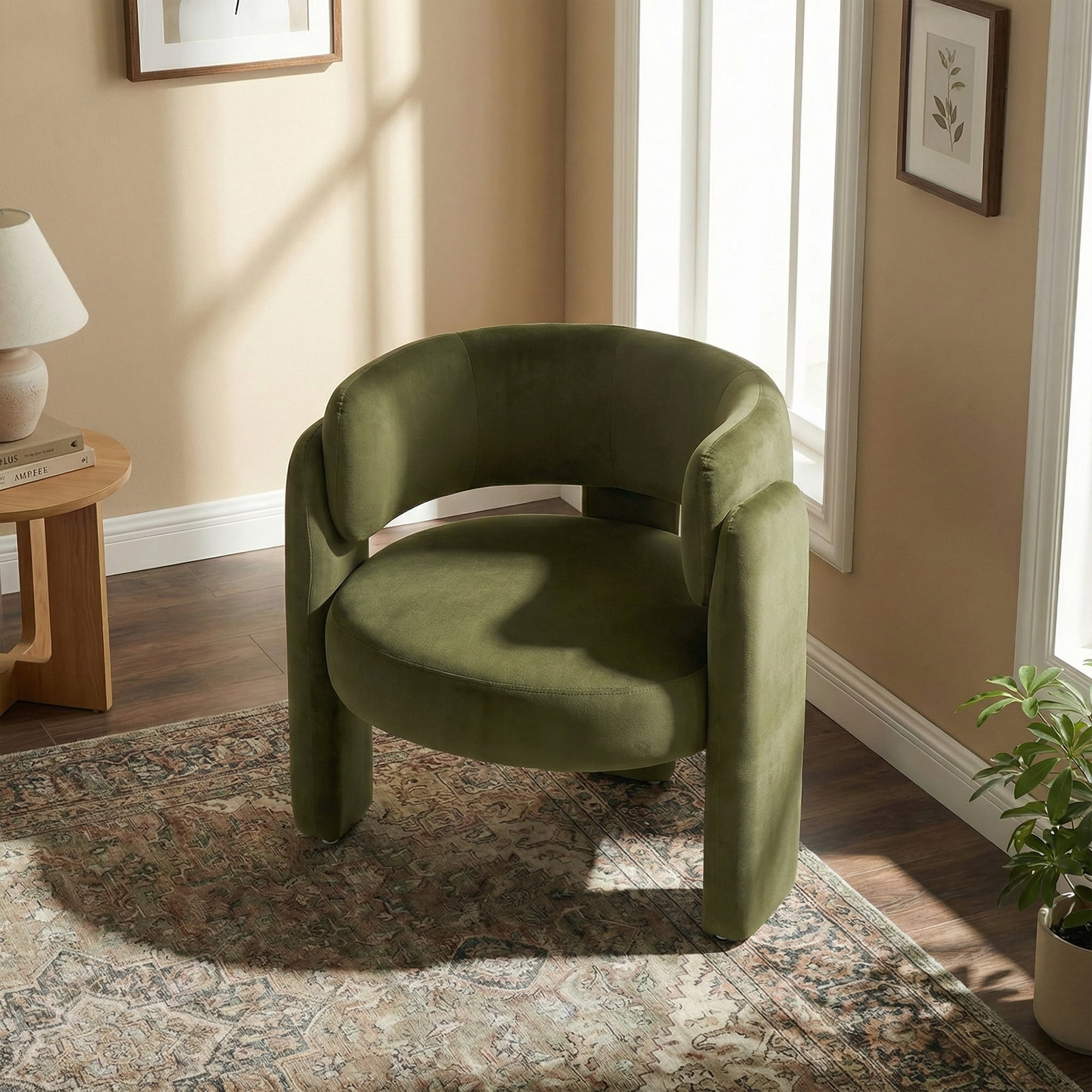 AFO Modern Upholstered Dining Chair, Cute Barrel Side Armchair with Round Back for Living Room Dining Room Bedroom, Green