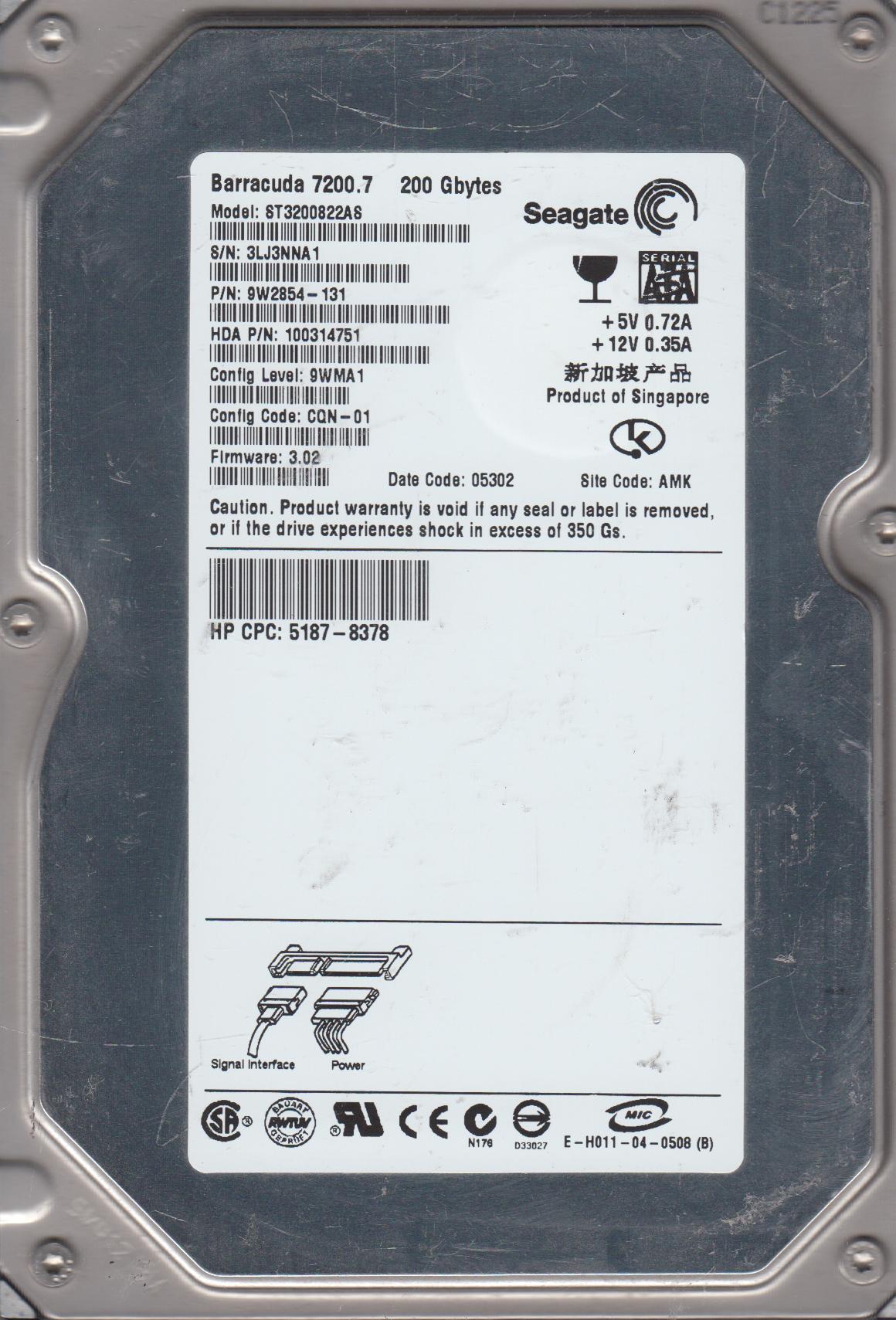 ST3200822AS, 3LJ, AMK, PN 9W2854-131, FW 3.02, Seagate 200GB SATA 