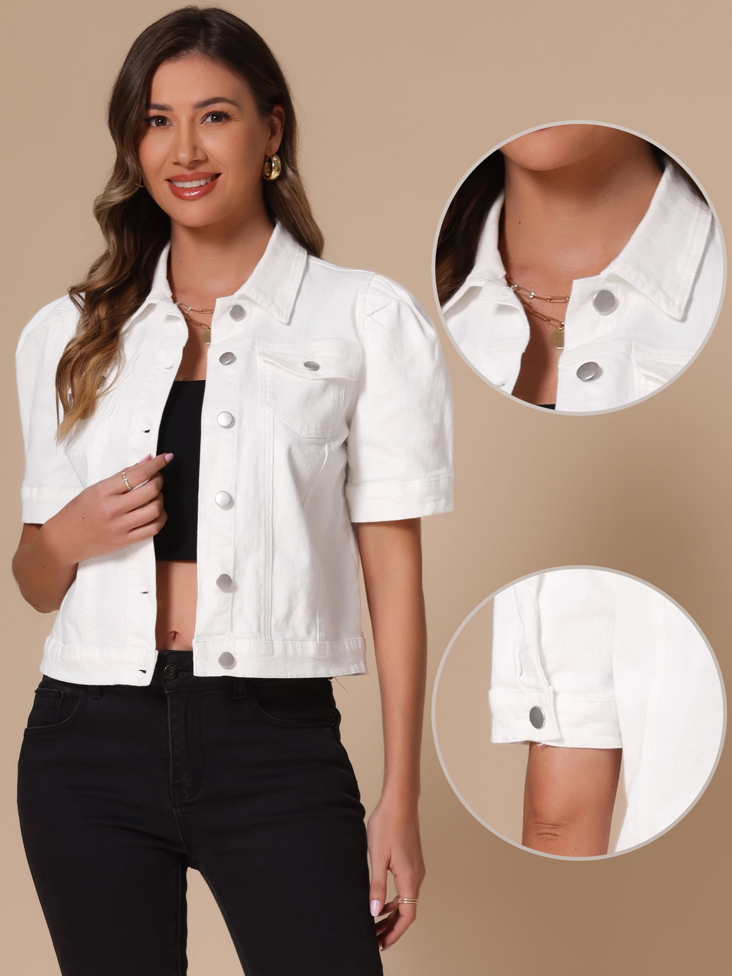 DARING DIVA Women's Short Puff Sleeves Button-Down Denim Jacket M White