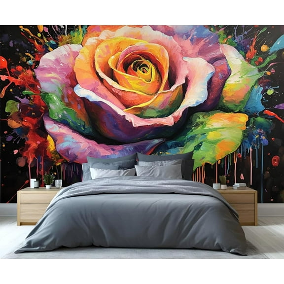 Graffiti Rose Mural Wallpaper - Colorful Flower Murals For Living Room Bedroom, Rose Wall Mural 98.4"W x 68.9"H (Not Peel and Stick)