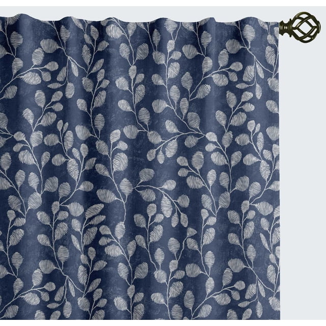 Vargottam 84 Inch Rod Pocket/Back Tab Cotton Curtains for Windows and Doors - Light Filtering Cotton - Light Filtering Drapes For Doors - Set of 2 Panels, 52"x84" - Leaves Vine Design (Blue)