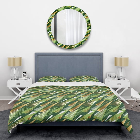Designart 'Triangular Gold and Green Design I' Mid-Century Modern Duvet Cover Set