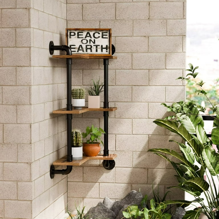Industrial Pipe Shelving Pine Wood Floating Bathroom Shelves Wall Mounted L Shaped Corner Shelf for Bedroom Living Room Wall Storage
