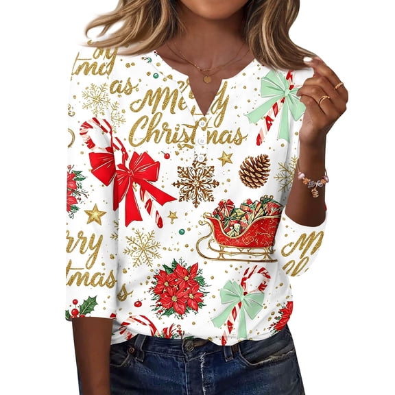 Garbnen Christmas 3/4 Length Sleeve Womens T Shirts Funny Christmas Graphic Henley Shirt for Women Button Xmas Holiday Fall Winter Relaxed Fit Y2k Tops for Women