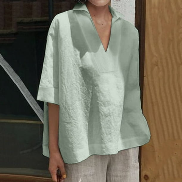 Camisas Fnochy para mujer, liquidación, blusas casuales de manga corta con cuello en V y sueltas, camisas de algodón para mujer.