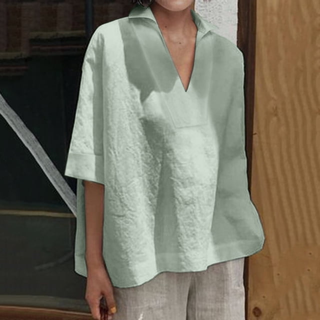 Camisas Fnochy para mujer, liquidación, blusas casuales de manga corta con cuello en V y sueltas, camisas de algodón para mujer.