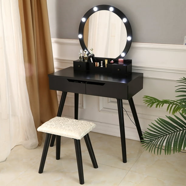 Vanity Table Set With Round Lighted, Lighted Vanity Table With Mirror And Bench