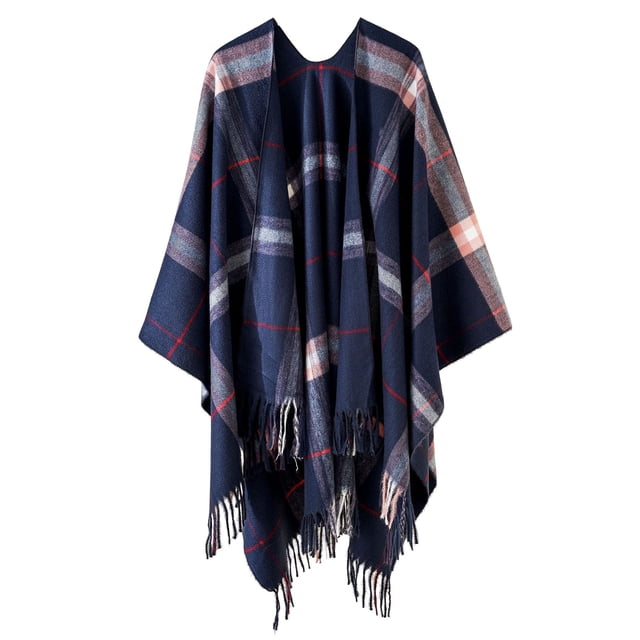 Women's Fashion Stripe Color Block Cloak Shawl Cardigan Warm Windproof Wrap for Autumn Spring Winter