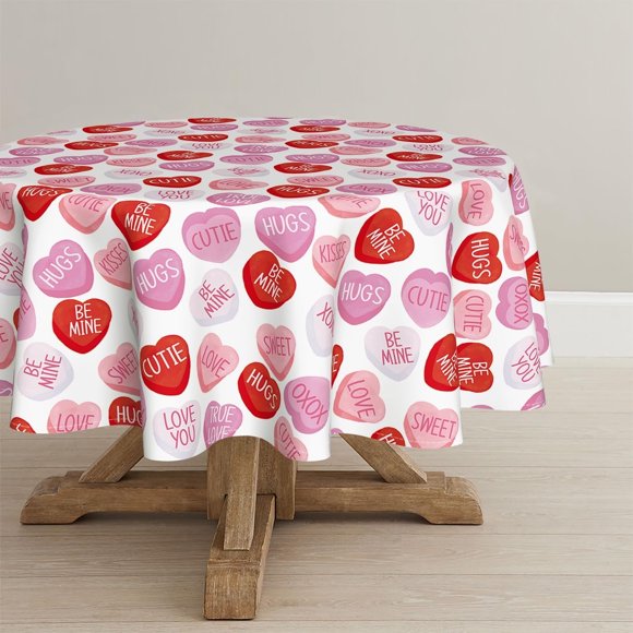 Valentine''s Day Tablecloth 60×60 Inch Round, Pink Colored Love Hearts with Words Washable Table Cover for Party Picnic Dinner Decor