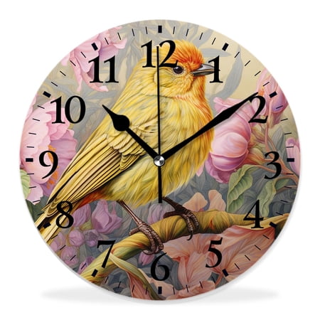 14 Inch Wall Clock Battery Operated Silent Clock Decorative for Office, Kitchen, Outdoor, Living Room,Watercolor Floral Orioles Pattern Iris Cherry Flower Branch Bird Beautiful