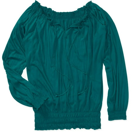 Faded Glory Womens Plus-Size Crinkle Peasant Top With Smocking Detail