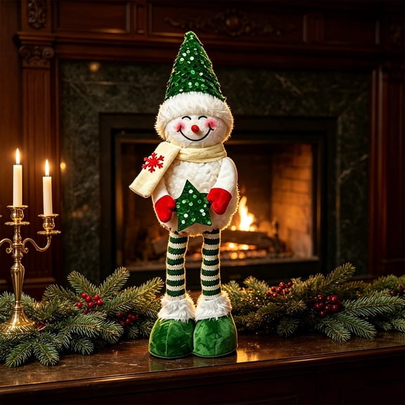 50 cm Green Snowman Christmas Tabletop Decoration, Decorative seasonal figurine and accent, for mantel, shelf, desk, table centerpiece and holiday home display