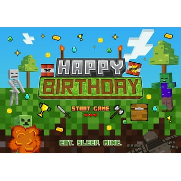 Party Ninja Pixel Miner Crafting Happy Birthday Backdrop Game Party Supplies Mining Dirt Block Birthday Banner for Kids - Boys Room Decor Photograph Props - 7ft x 5ft Vinyl Happy Birthday Banner