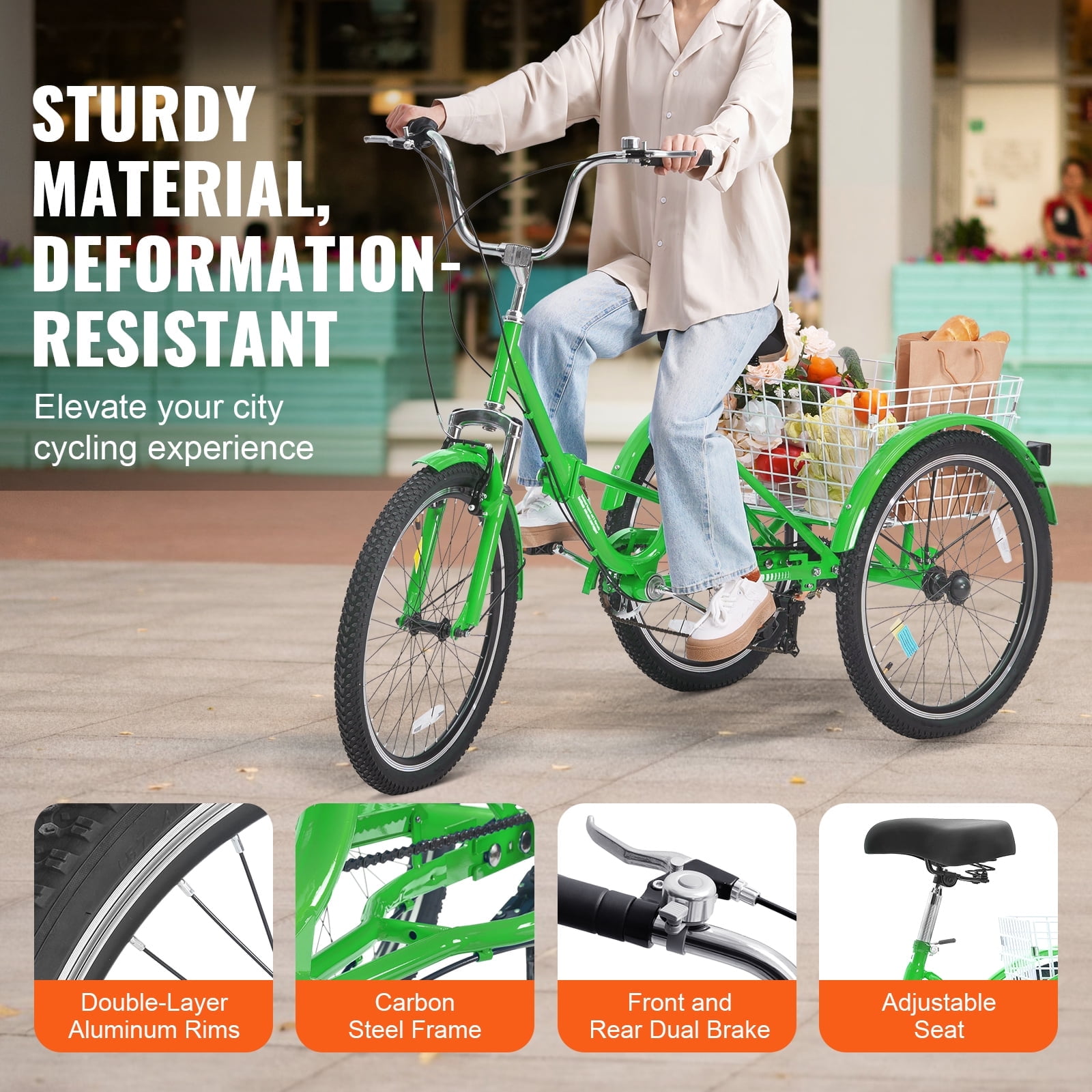 SKYSHALO Green Carbon Steel 24" 7 Speed Folding Tricycle with Basket