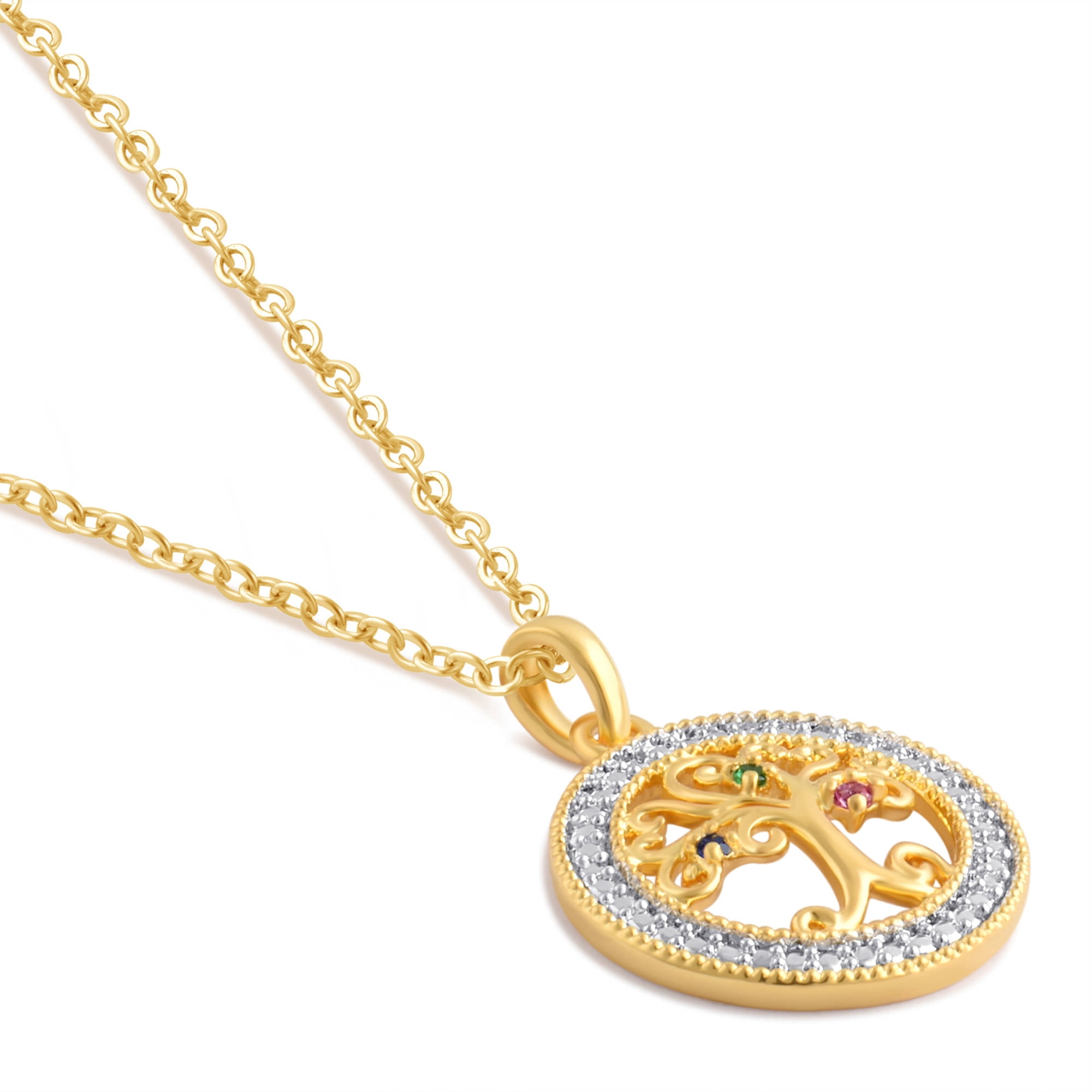 Gemstone Accent Gold Tone Birthstone Tree of Life Circle Pendant, 18" Chain