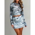 thumbnail image 4 of Liacowi Women’s 2 Piece Summer Outfits Long Sleeve Butterfly Print Ruched Crop Tops + Mini Skirt Set Clubwear, 4 of 9