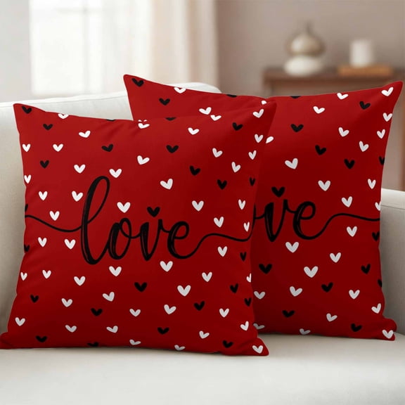 Pack of 2 Outdoor Pillow Covers,Waterproof Valentines Throw Pillow Covers,Black White Love Heart Red Decorative Pillowcases Cushion Covers for Patio Garden Couch Pillow Sham Protector 16x16 Inch