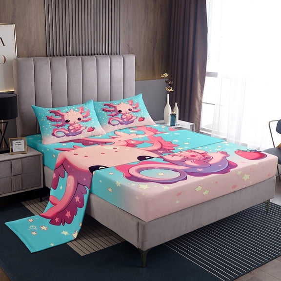 Erosebridal Axolotl Bed Sheets Set Twin Size for Teens, Stars Bed Sheets Twin, Mystic Starry Sky Twin Sheet Sets, Super Cozy Room Decoration, 3-Piece