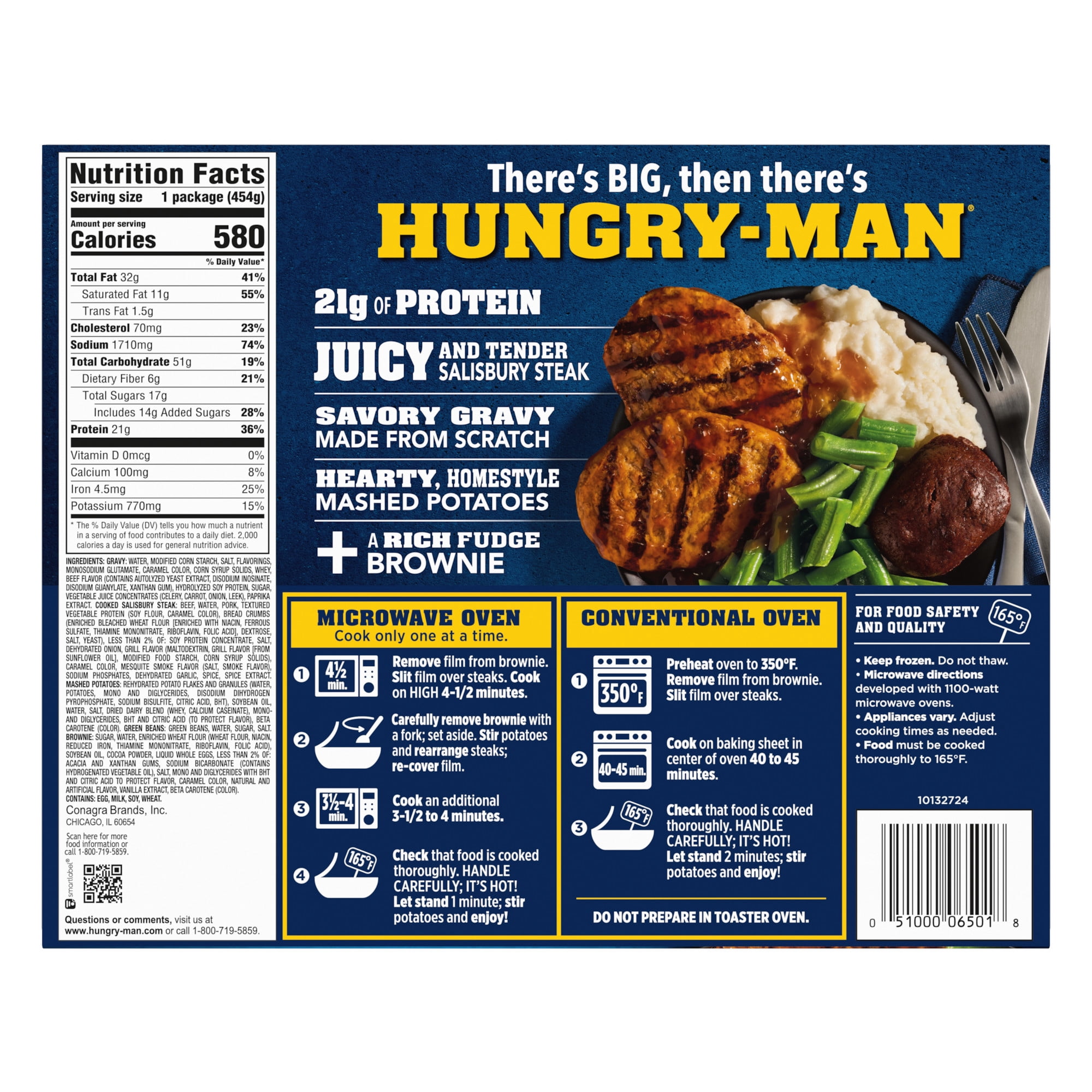 Hungry-Man Salisbury Steak, 21g of Protein, 6g of Fiber, Frozen Meal, 16 oz