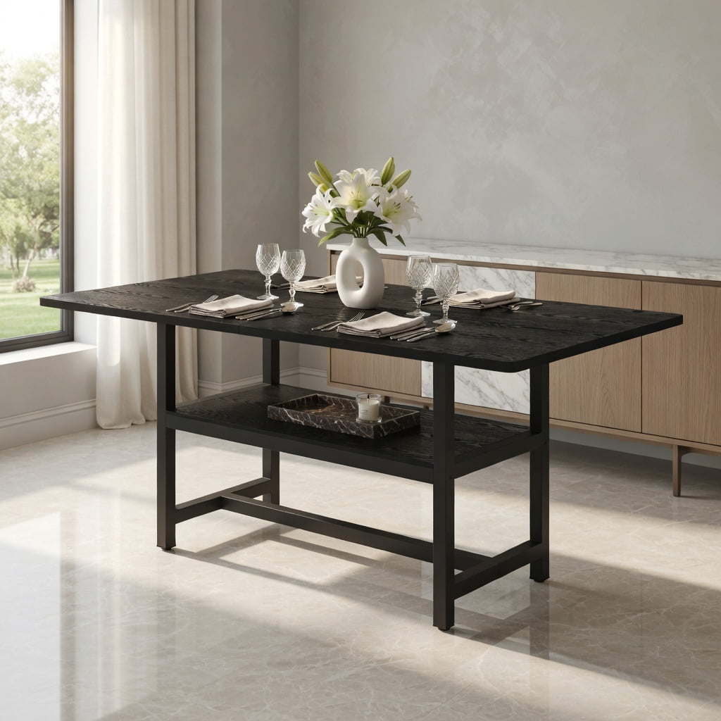 Hommoo Modern MDF Dining Table 71in x 35.4in with Built-in Storage Shelf, Minimalist Industrial Style Extendable-Look Solid Table for Family Meals & Small Spaces, Black
