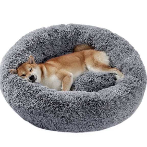 PAWZ Road Calming Donut Dog Bed Anti-Anxiety Plush Pillow Round Puppy Cat Bed 30" for Pets up to 45lbs,Gray