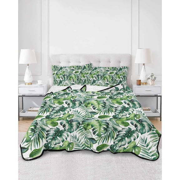 Quilts King Size, Tropical Soft Comforter Bedding Set for Bed, Green Palm Leaf Summer Plant Lightweight Quilted Bedspread with Pillow Cover(2 Pieces) for All Season, 96x106 Inch