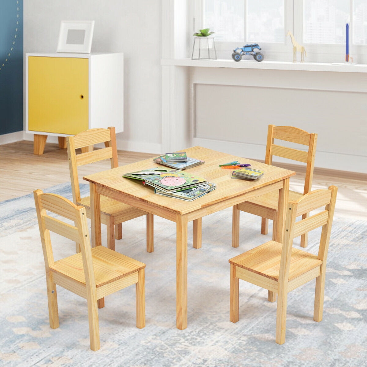 Gymax Kids 5 Piece Table Chair Set Pine Wood Children Play Room Furniture Natural Walmart