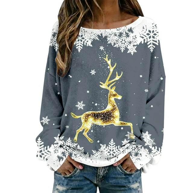 Hauts pour Femmes Décontractés à Imprimé de Noël, T-Shirt à Col Rond, Chemise à Manches Longues, Chemisiers Grande Taille pour Femmes, Gris, G
