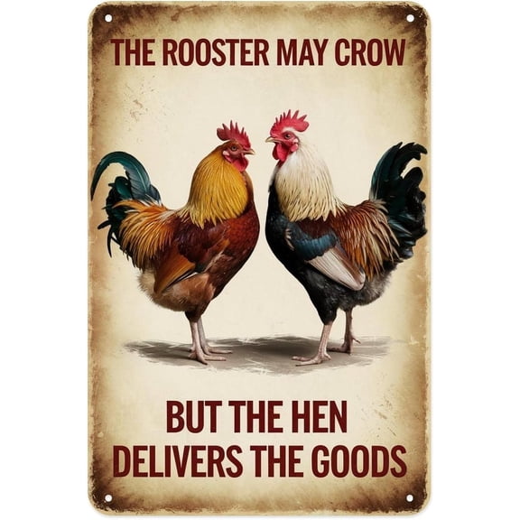 Farm Rooster and Hen Vintage Metal Tin Sign, Garden Yard Porch Garage Home Kitchen Wall Art Decor, 8 x 12 Inch