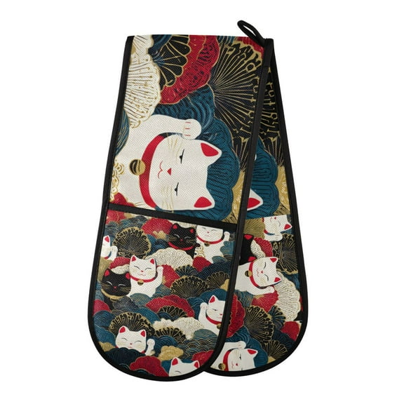 Yayeee Double Oven Mitt Kitchen Heat Resistant Baking 35" x7" Quilted Glove, White Lucky Cat