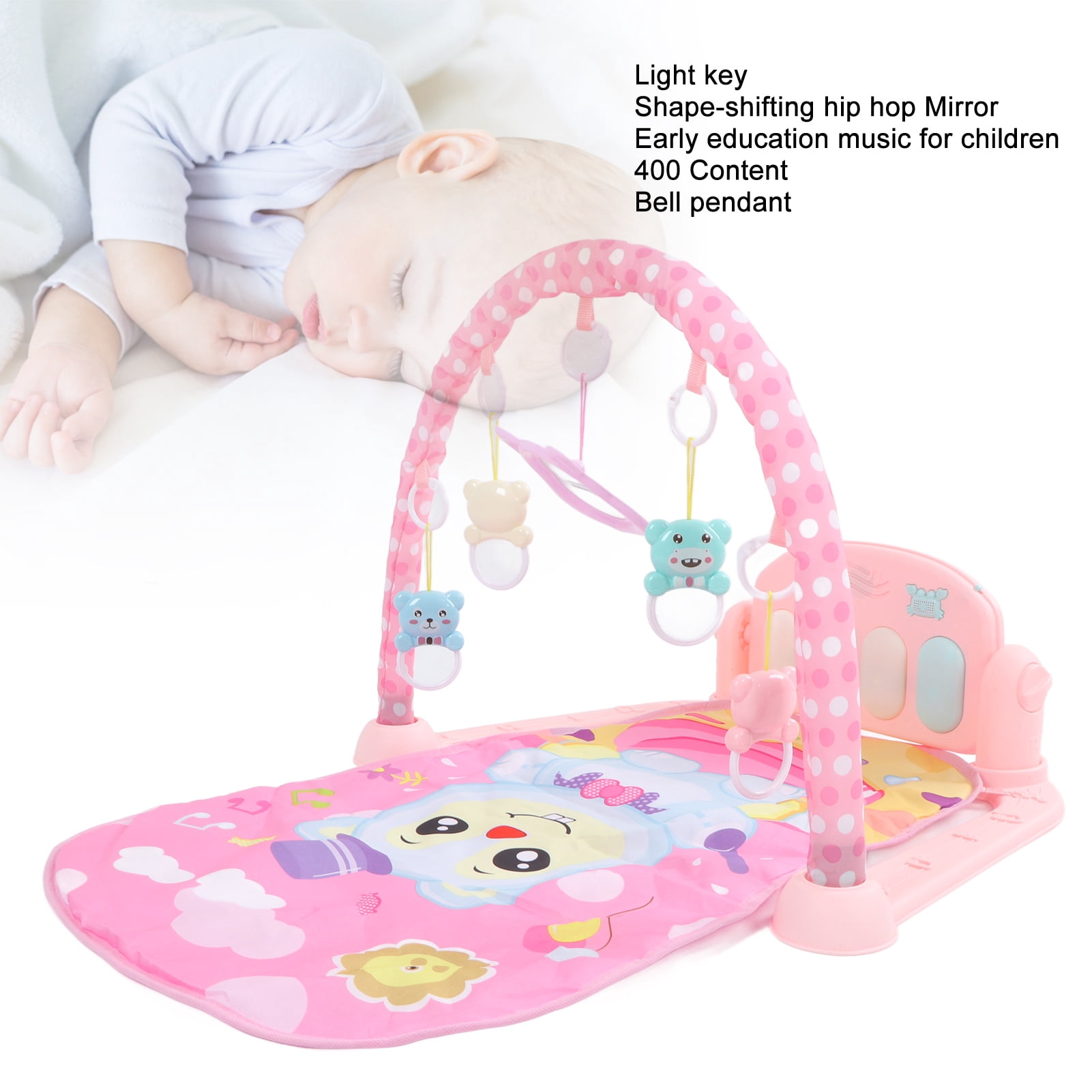 M Buder Baby Gym Play Mat, 3-in-1 Infant Activity Center with Musical Piano, Kick and Play Tummy Time Padded Toy, Pink (17.32 in / 44 cm)