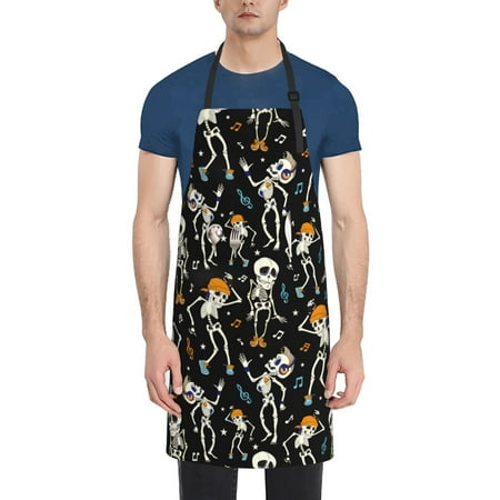 

Pofeuu Dancing Skeleton Party Print Waterproof Apron with Pockets Adjustable Cooking Aprons Kitchen Bib for Baking Household Cleaning