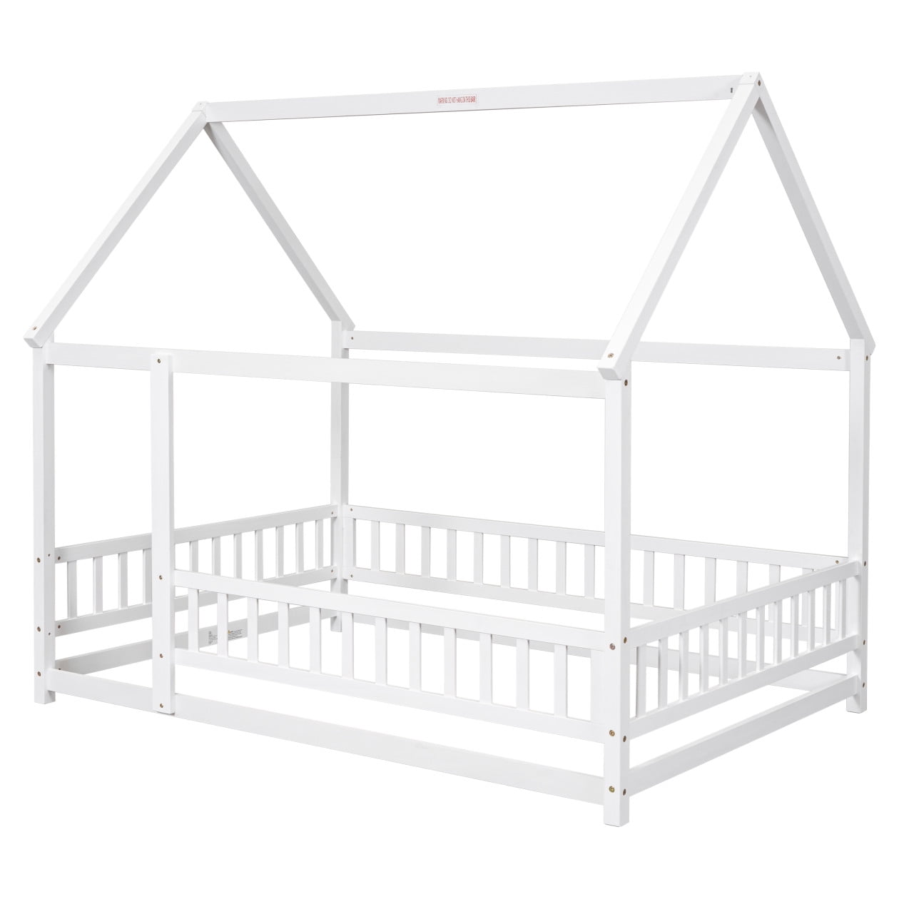 House Shaped Floor Bed Frame for Toddlers with Safety Guardrails, Sturdy Pine Wood Montessori Low Profile Kids Bed, Easy Assembly White Children's Floor Bed Frame