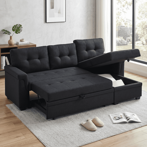 Convertible Sleeper Sofa Bed 86" L Shaped Sectional Couch with Pull Out Bed & Reversible Storage Chaise, Modern Linen Fabric Sofa Couch for Living Room Apartment (Black)