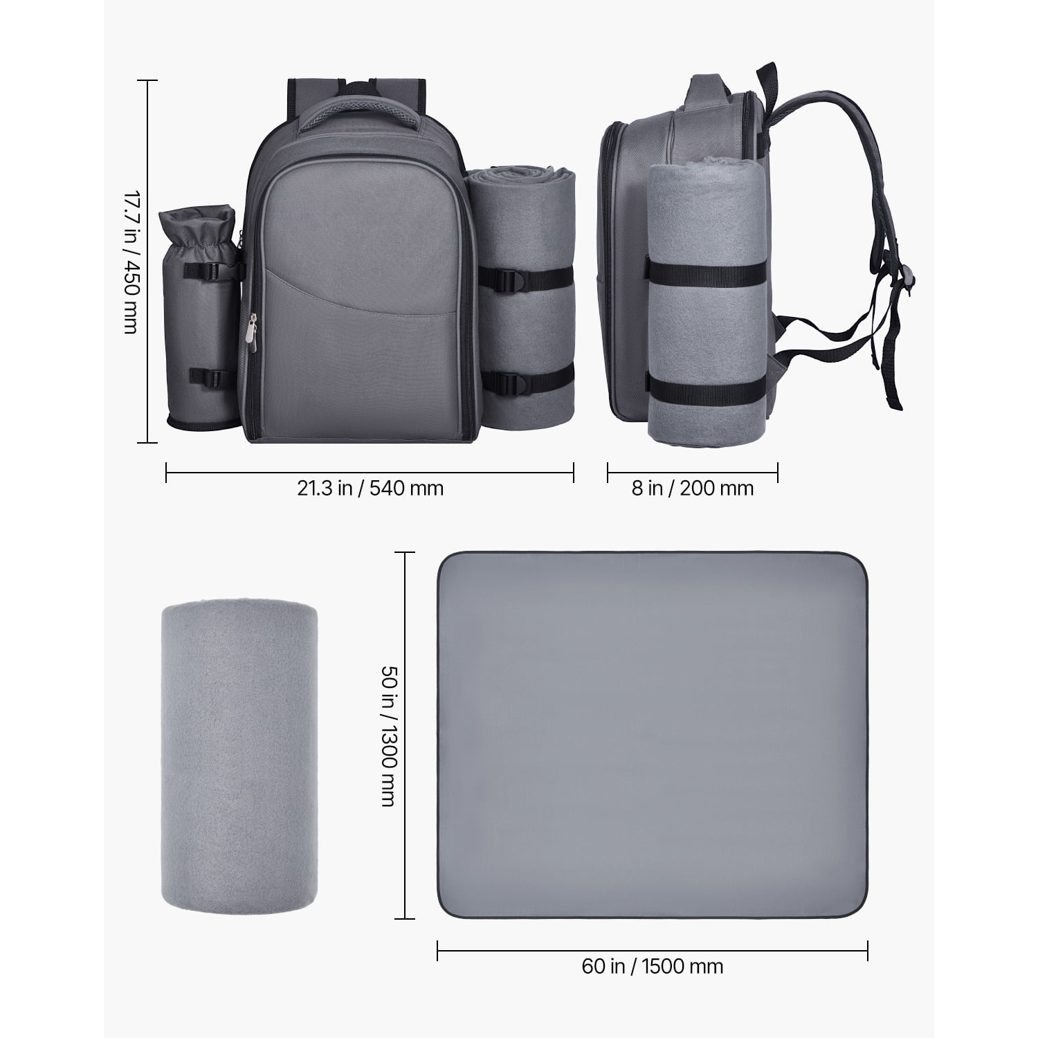 KFFKFF Picnic Backpack with Insulated Cooler, 2-Person Bag Featuring Detachable Bottle Holder, Lightweight Blanket, Plates, and Cutlery Set for Outdoor Activities, Grey