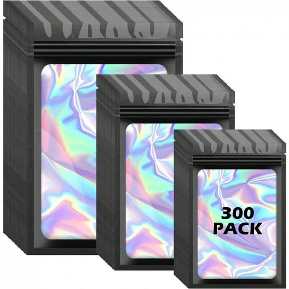 300 Pcs Holographic Mylar Bags, 3 Size Smell Proof Bags With Clear Window Foil Pouch Bags Resealable Bags For Small Business And Food Storage, Black
