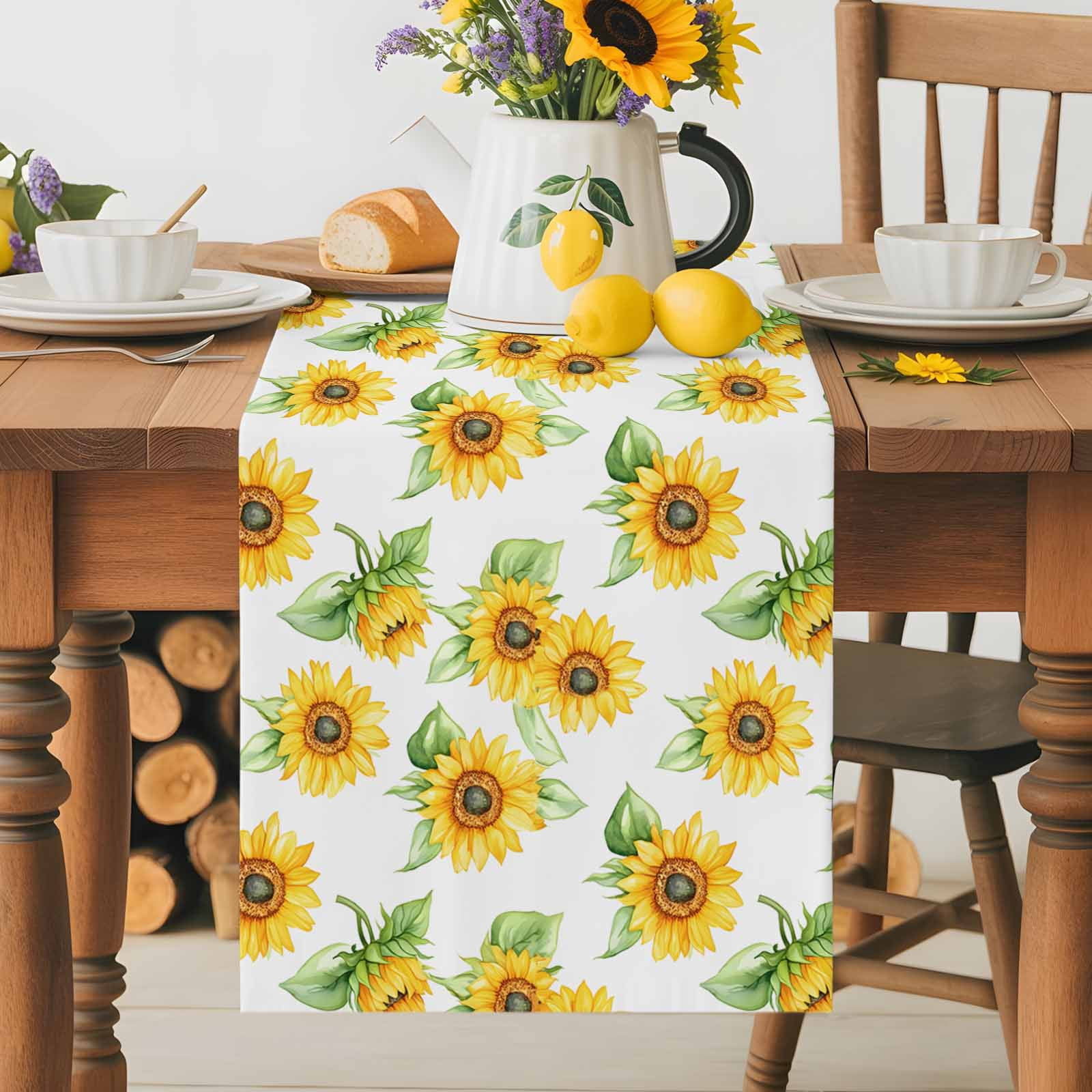 Yellow Sunflower Farm Green Plant Table Runner 90 Inches Long, Summer Blossom Floral Table Runners Tabletop Scarf Kitchen Dining Tables Decoration for Home Party Indoor Outdoor