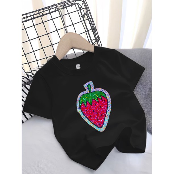 Girls' Casual Cotton T-Shirt, Crew Neck, Slight Stretch, Regular Fit, with Strawberry Print, for Summer Knit Top, Age 12 and Under