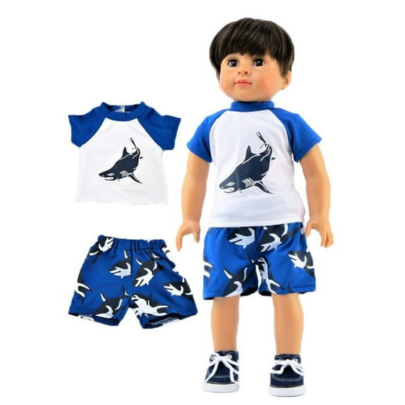 Shark Rash guard and Swim trunks -Compatible with 18" American Girl Dolls, Madame Alexander, Our Generation, etc. | 18 Inch Doll Clothes